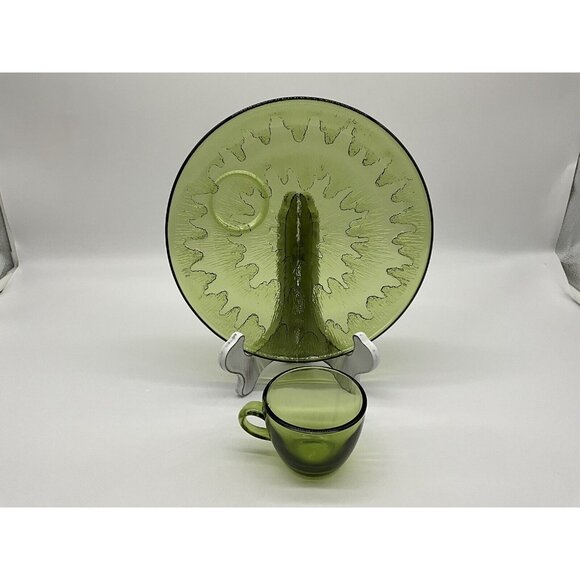 Vintage Sunburst Green by Indiana Glass Snack Plate & Cup Set Textured USA MCM - Picture 7 of 16